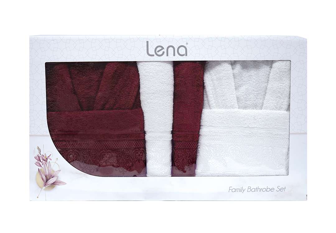Lena Bathrobe Set For Women & Men 6 PCS - Burgundy & White