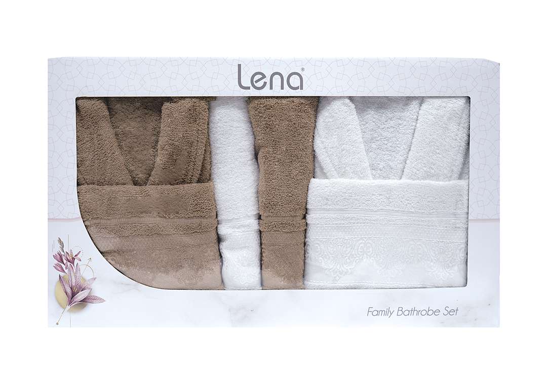 Lena Bathrobe Set For Women & Men 6 PCS - Brown & White