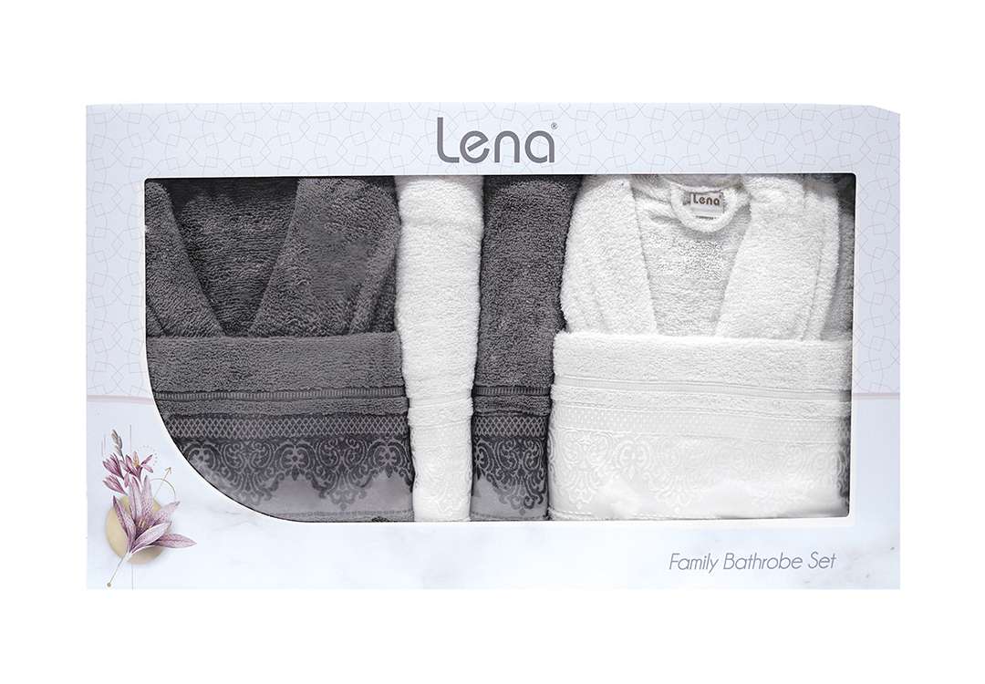 Lena Bathrobe Set For Women & Men 6 PCS - D.Grey & White