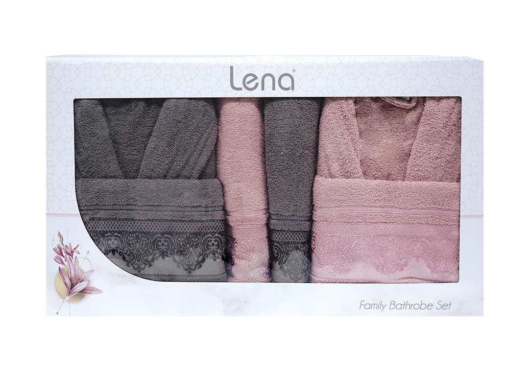 Lena Bathrobe Set For Women & Men 6 PCS - D.Grey & Pink