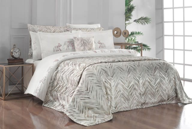 Sarev Sahra Cotton Bedspread & Quilt Cover Set 10 PCS Queen- Beige & Silver & White
