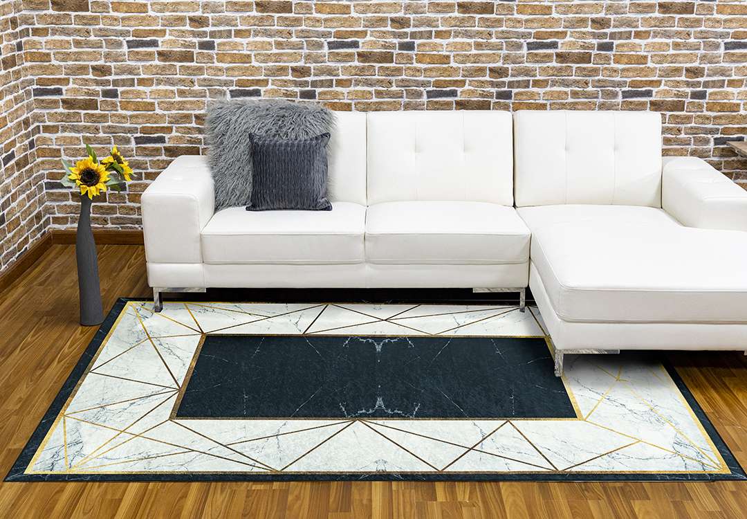 Armada Waterproof Carpet - ( 160 X 230 ) cm White & Black & Gold ( Without White Edges )