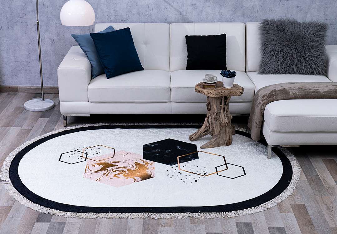 Armada Waterproof Carpet - Oval ( 160 X 230 ) cm White & Black & Pink