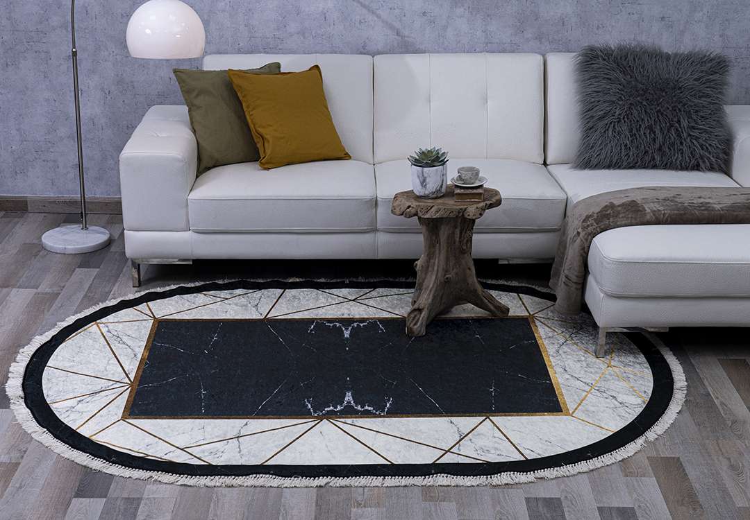 Armada Waterproof Carpet - Oval  ( 160 X 230 ) cm White & Black & Gold