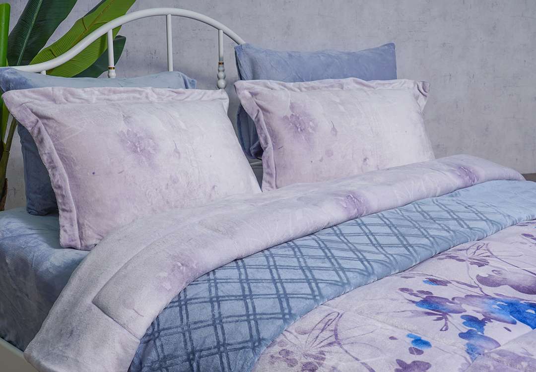 Valentini Velvet Comforter Set 7 PCS - King L.Grey & Blue
