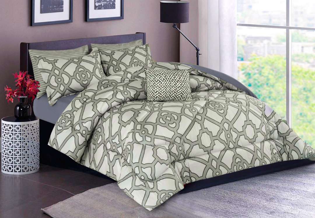 Valentini Printed Comforter Set 7 PCS - King Grey & Pistachio & Beige