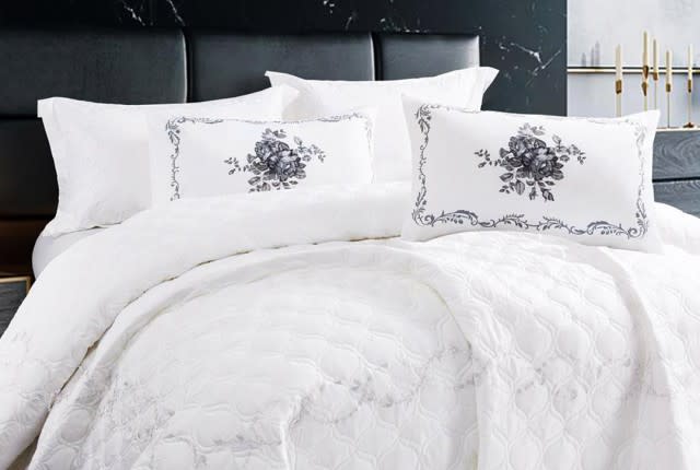 Jada Embroidered Bedspread Set 6 PCS - King White & Grey