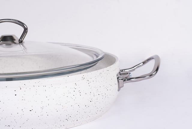 Granite Cooking Pot With Glass Lid - White & Silver ( Medium )
