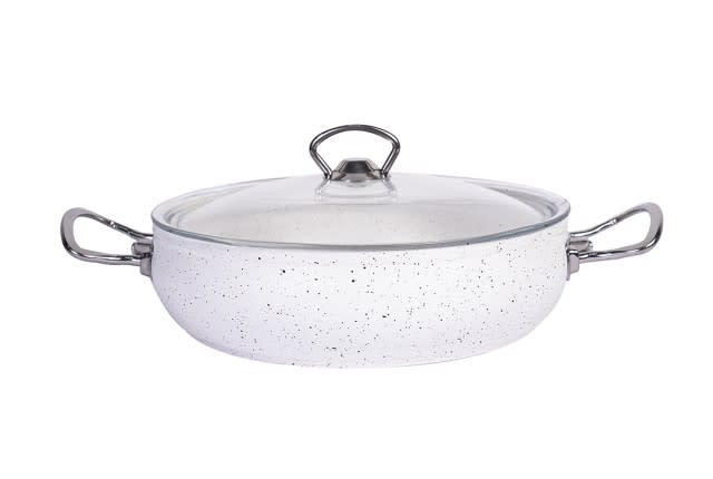 Granite Cooking Pot With Glass Lid - White & Silver ( Medium )