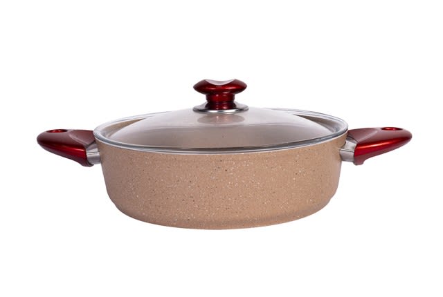 Granite Cooking Pot With Glass Lid - L.Brown & Red ( Medium )