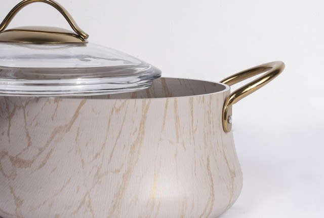 Granite Cooking Pot With Glass Lid - Cream & Gold ( Medium )