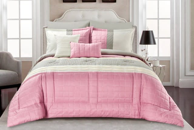 Valentini Check Comforter Set 8 PCS - King Pink & Grey