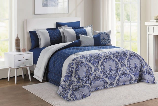 Damask Comforter Set 8 PCS - King Grey & Blue