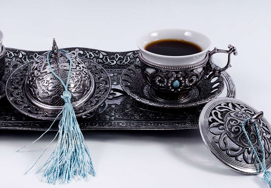 طقم ضيافة قهوة عربي - تركي فاخر 6 قطعة - سيلفر غامق