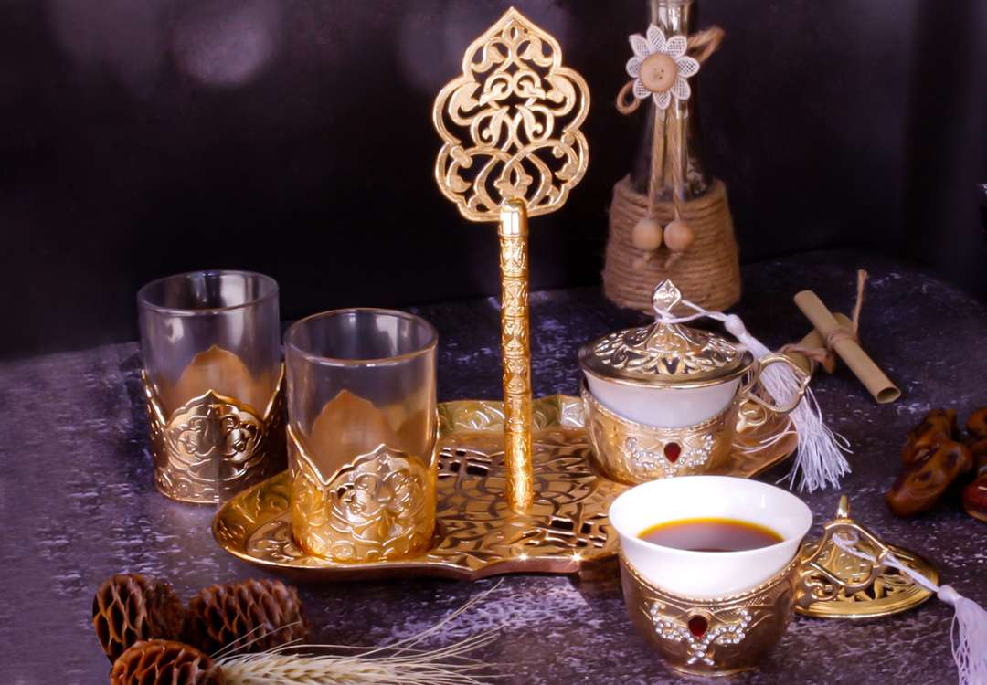 طقم ضيافة قهوة عربية تركي فاخر 5 قطعة - ذهبي