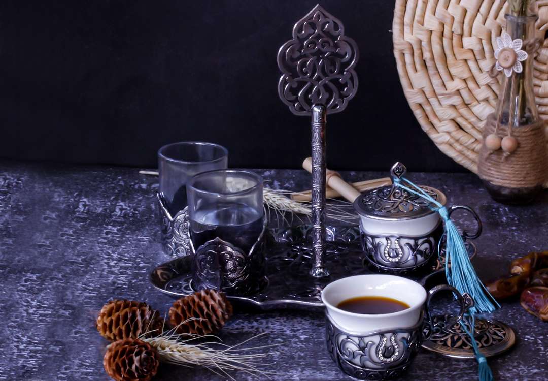 طقم ضيافة قهوة عربية تركي فاخر 5 قطعة - سيلفر غامق