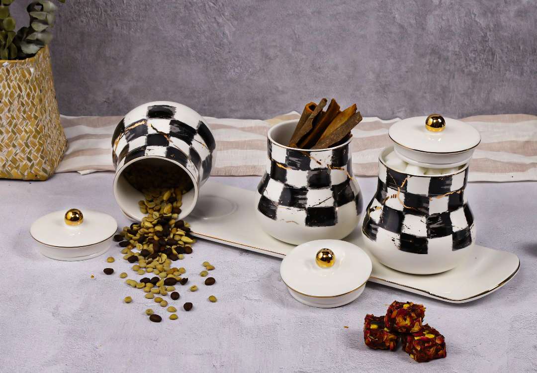 Ceramic Canisters Spices Set 4 PCS - White & Black