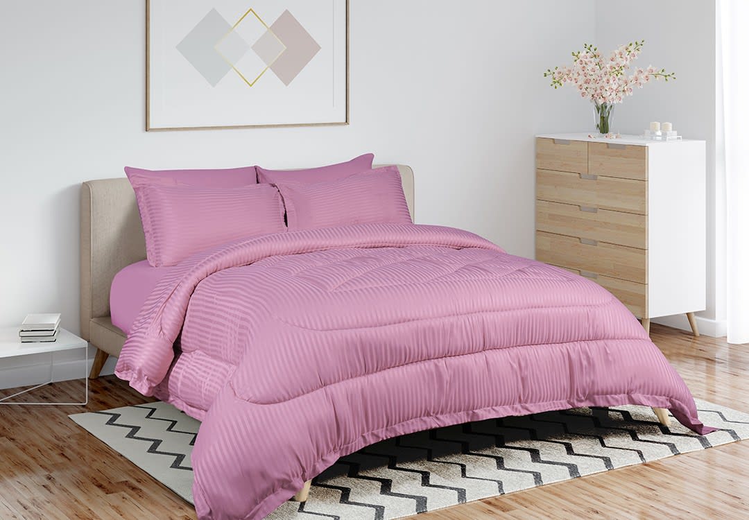 Valentini Striped Comforter Set 6 PCS - King Tea Rose