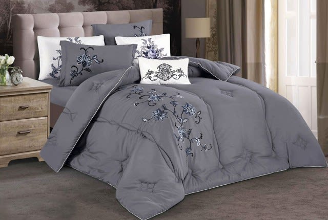 Sara Embroidered Comforter Set 7 PCS - D.Grey