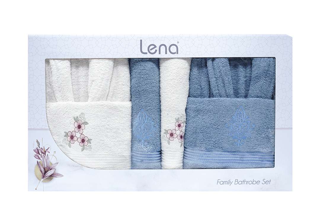 Lena Bathrobe Set For Women & Men 6 PCS -  Blue & White
