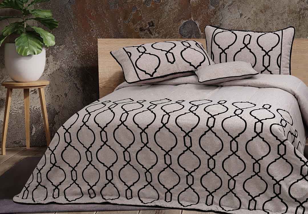 Turkish Jacquard Cotton Bed Spread Set 4 PCS - King Beige & Black