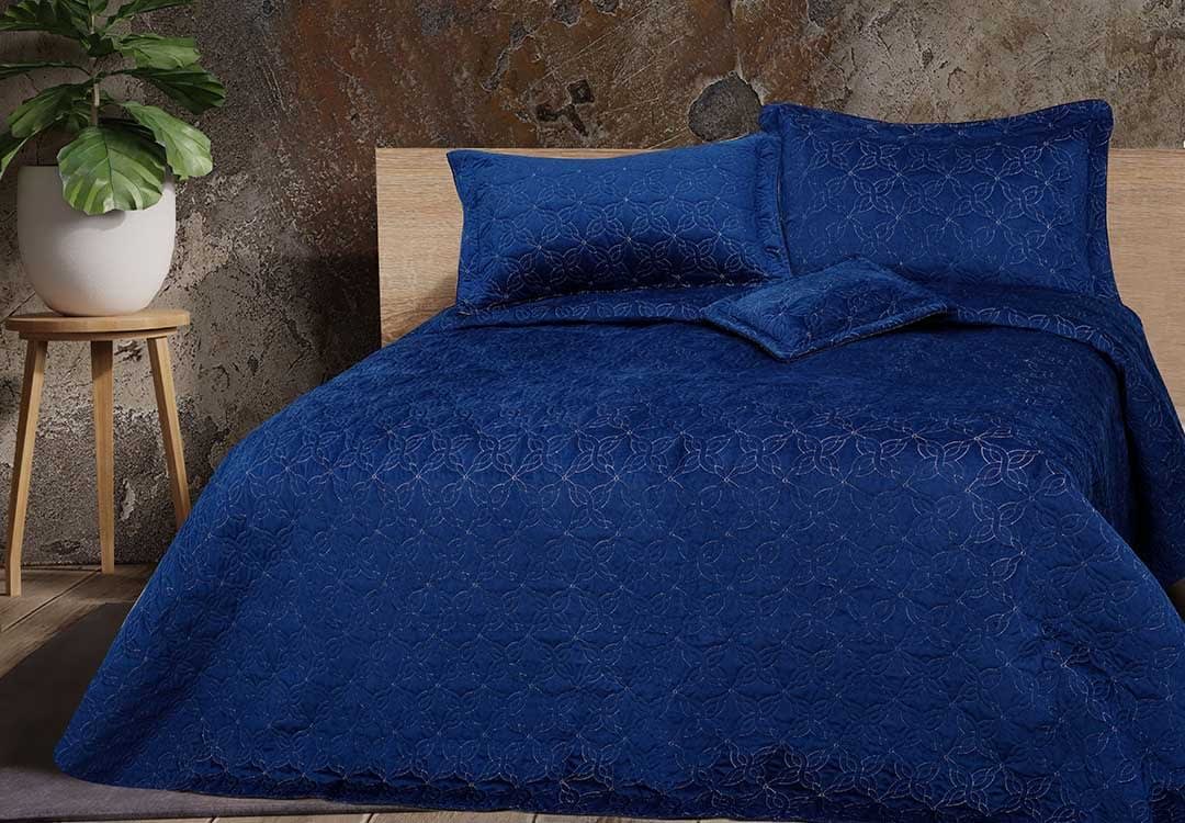Turkish Jacquard Velvet Bed Spread Set 4 PCS - King Blue