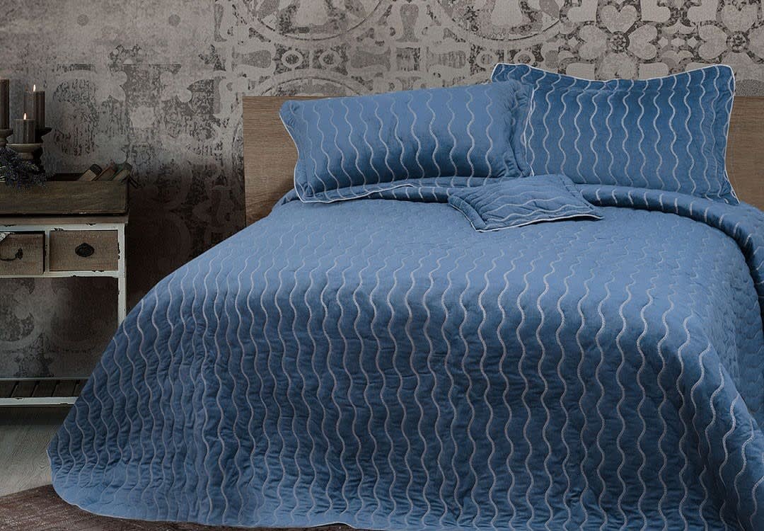 Turkish Jacquard Cotton Bed Spread Set 4 PCS - King Blue & White