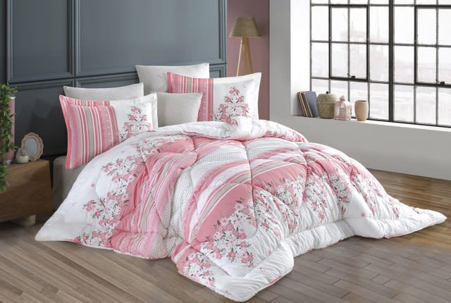 Florina Turkish Cotton Comforter Set 7 PCS - King White & Pink
