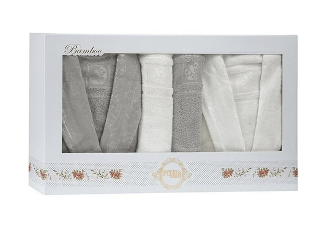 Silver Bridal Turkish Cotton Bathrobe 6 PCS - Grey & White