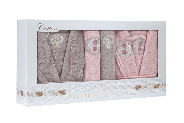 Klasik Bridal Turkish Cotton Bathrobe 6 PCS - Brown & Pink