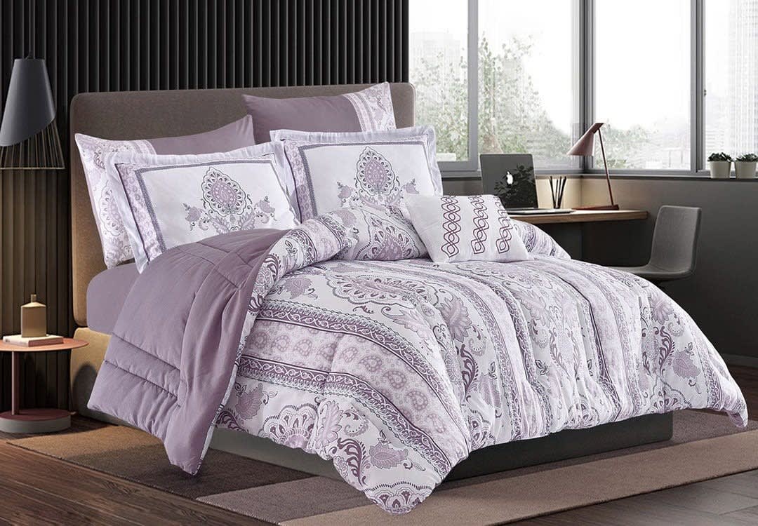 Hamilton Decorated Comforter Set 7 PCS - King White & Purple