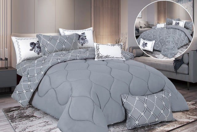 Kamila Cotton Comforter Set 7 PCS Double Face - King Grey