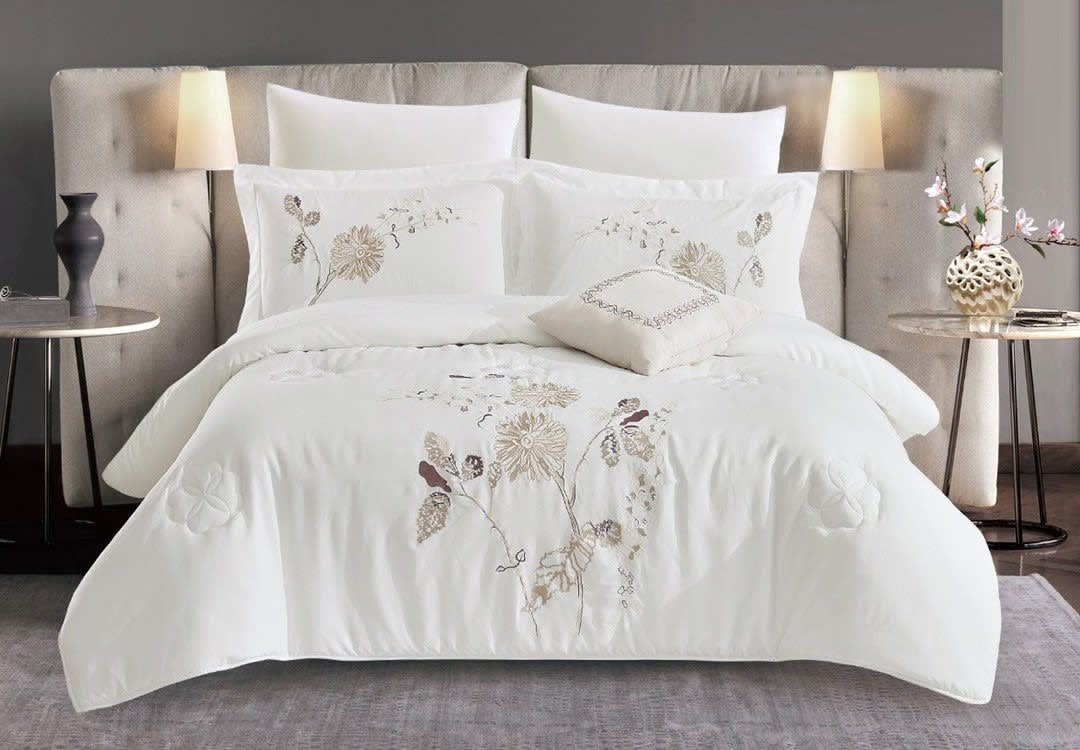 AYLA Embroidered Comforter Set 7 PCS - King Size Cream