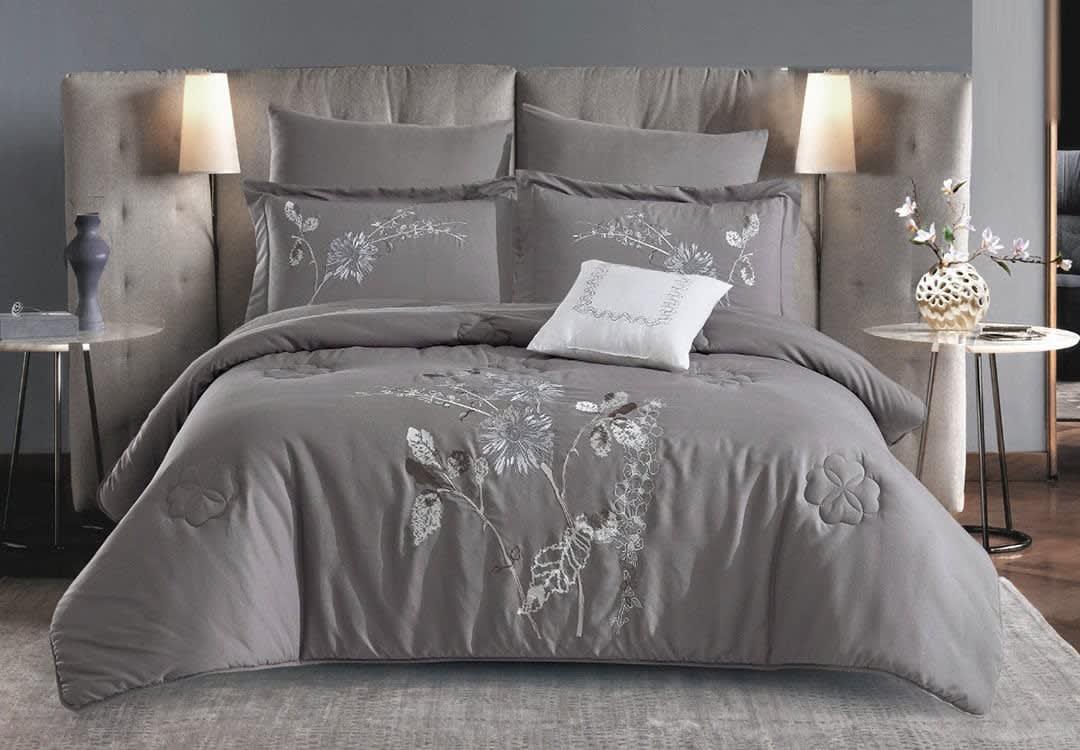 AYLA Embroidered Comforter Set 7 PCS - King Size D.Grey