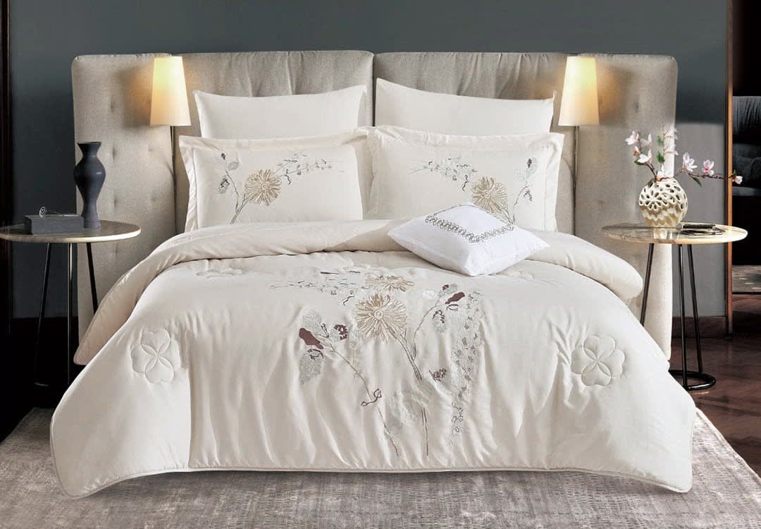 AYLA Embroidered Comforter Set 7 PCS - King Size L.Beige
