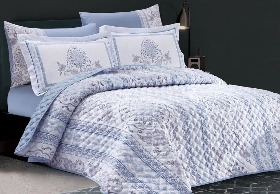 Hamilton Decorated Bedspread Set 6 PCS - King White & Blue