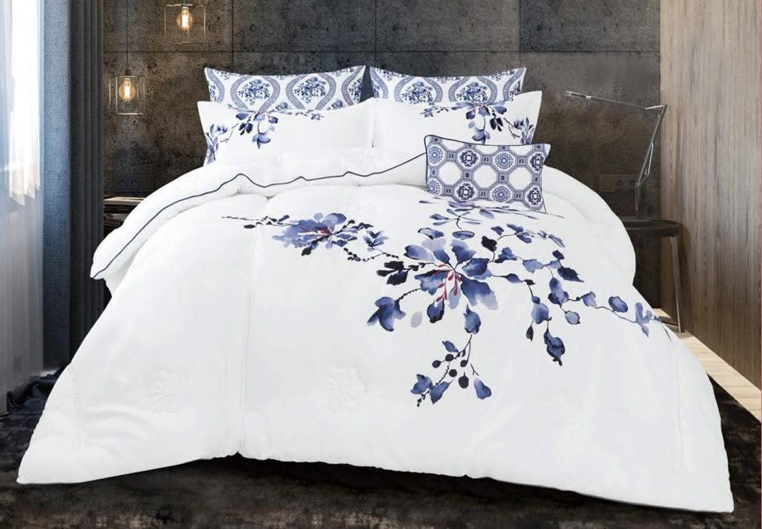 Brasilia Comforter Set 7 PCS - King Size White & Blue