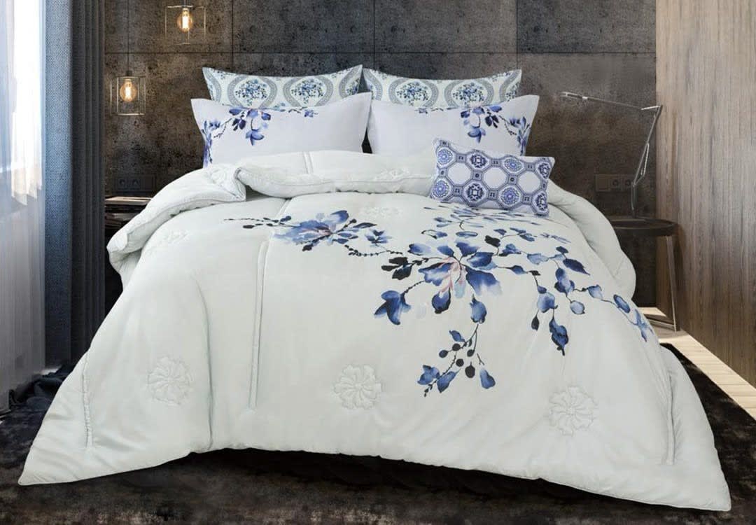 Brasilia Comforter Set 7 PCS - King Size L.Grey & Blue