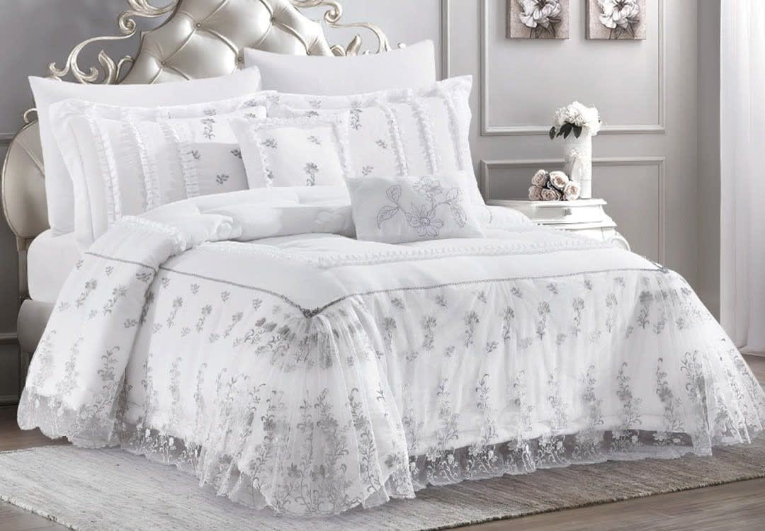 Lisa Danteel Wedding Comforter Set 8 PCS - King White & Grey
