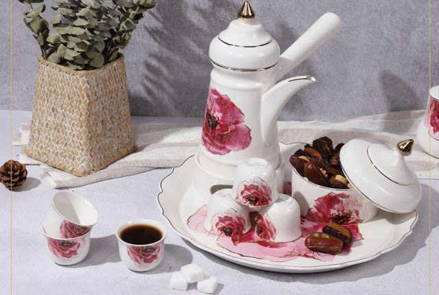 Turkish Luxury Arabic Coffee Serving Set 9 PCS - White & Pink