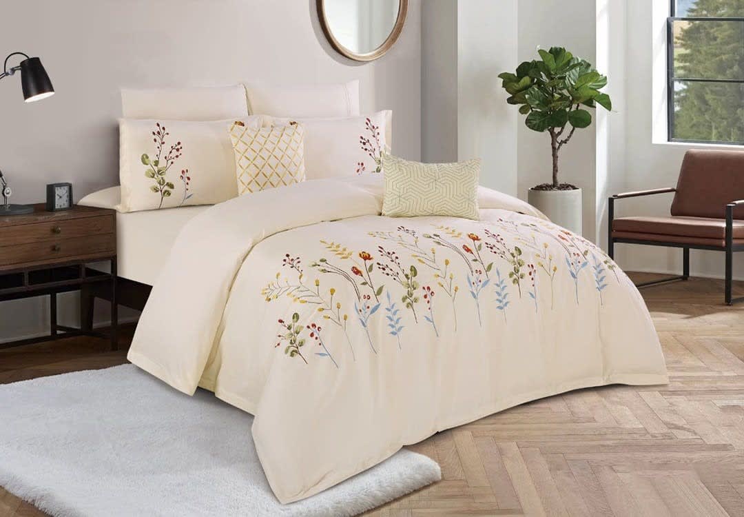 Crown Embroidered Cotton Quilt Cover Set Without Filling 8 PCS - King L.Beige