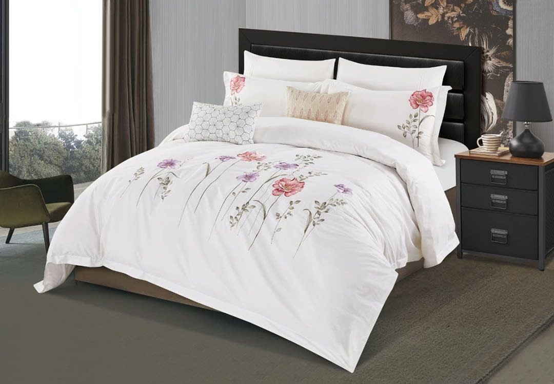 Crown Embroidered Cotton Quilt Cover Set Without Filling 8 PCS - King White