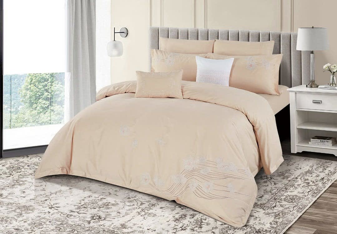 Crown Embroidered Cotton Quilt Cover Set Without Filling 8 PCS - King Beige