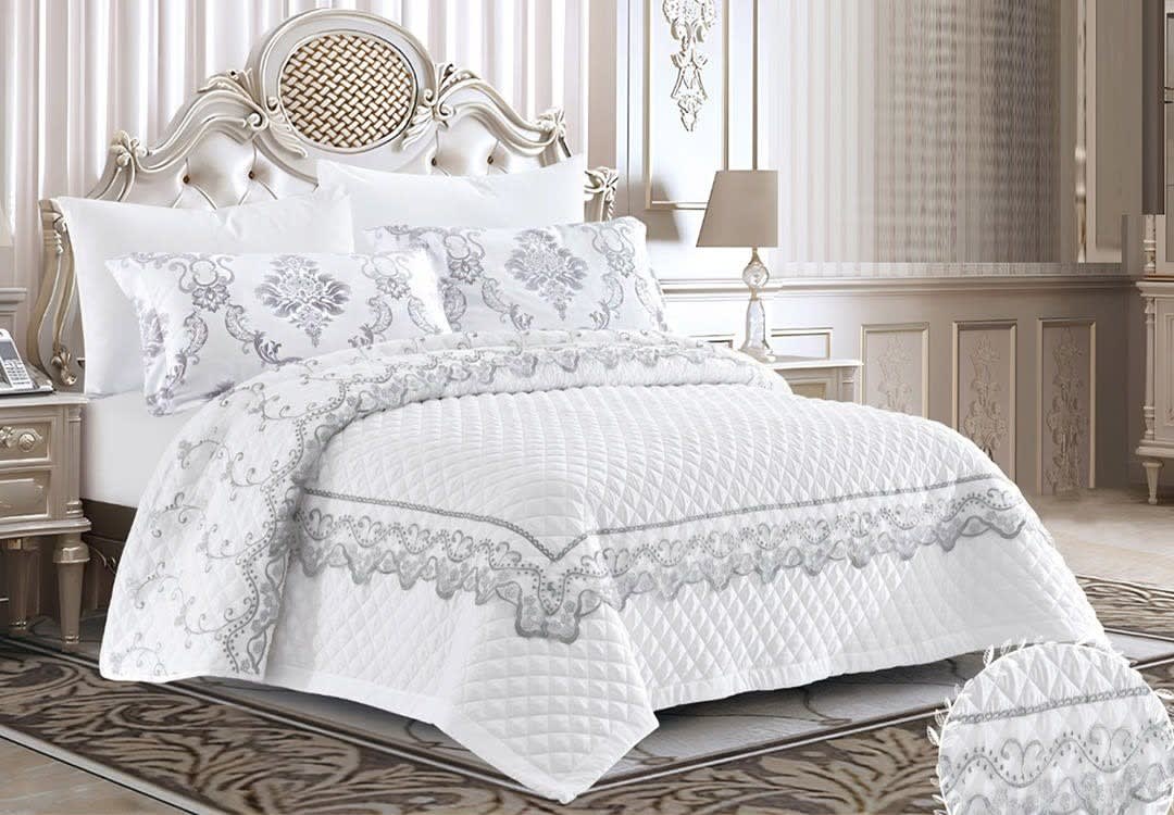 Areej Dantel Wedding Bedspread Set 6 PCS - King White & Grey