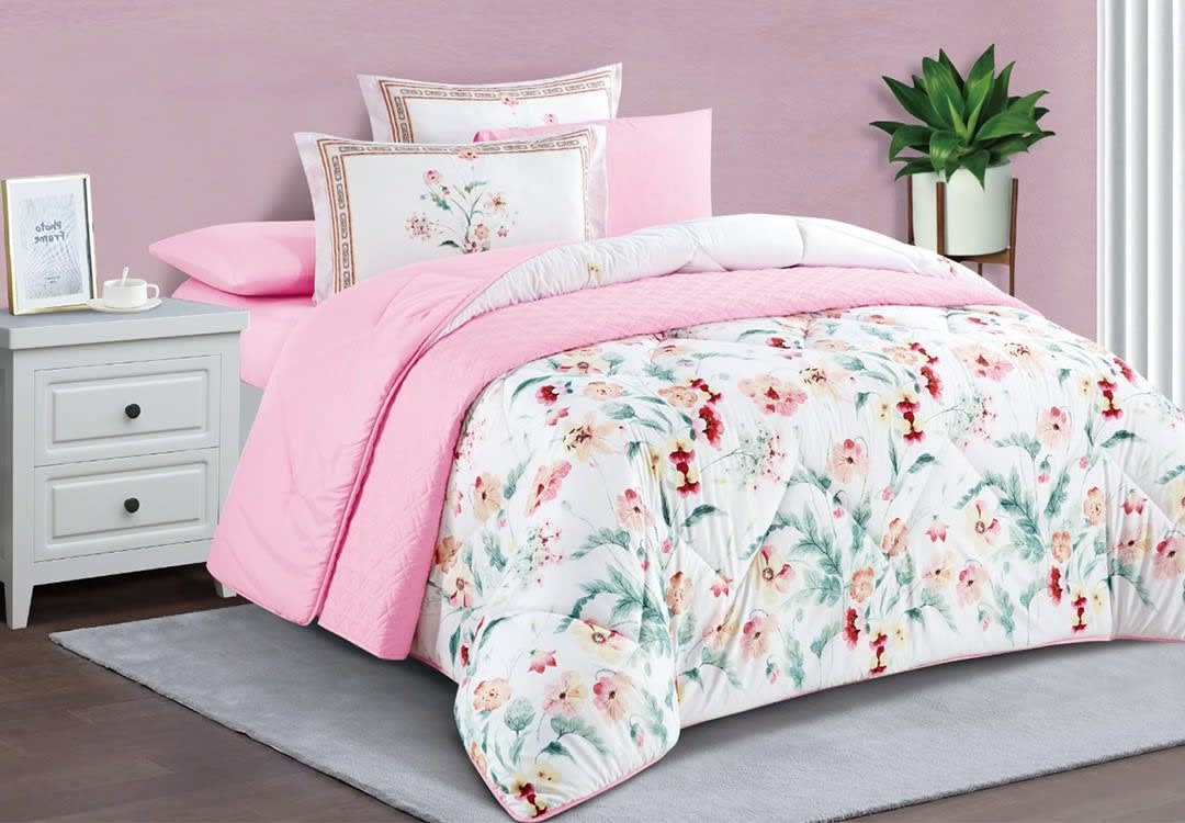 Melba Comforter Set 5 PCS - Single White & Pink