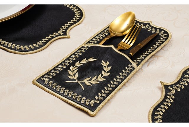 Turkish Armada leather Table Mat Set 19 PCS - Black & Gold