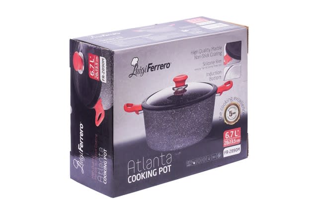 Luigi Ferrero Atlanta Aluminum Cooking Pot With Glass Lid - Grey & Red
