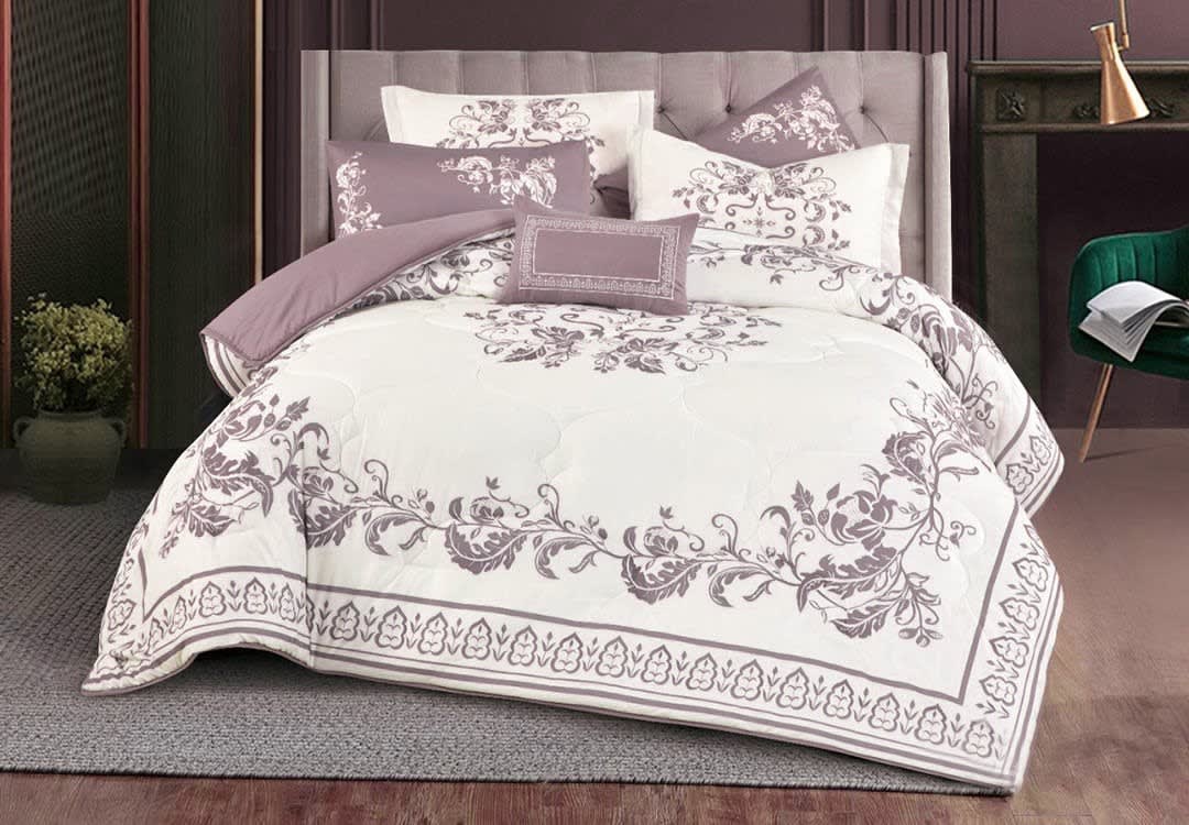 Alberta Comforter Set 7 PCS - King Off White & Purple