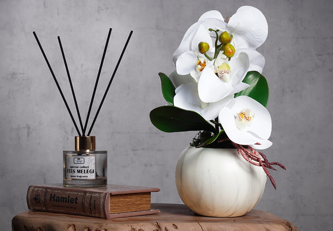 Ceramic Vase with Decorative Orchid Flower 1 PC - White