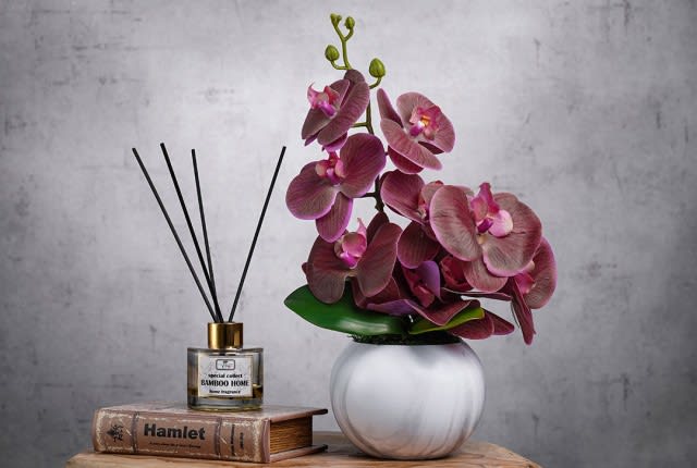 Ceramic Vase with Decorative Orchid Flower 1 PC - White & Purple